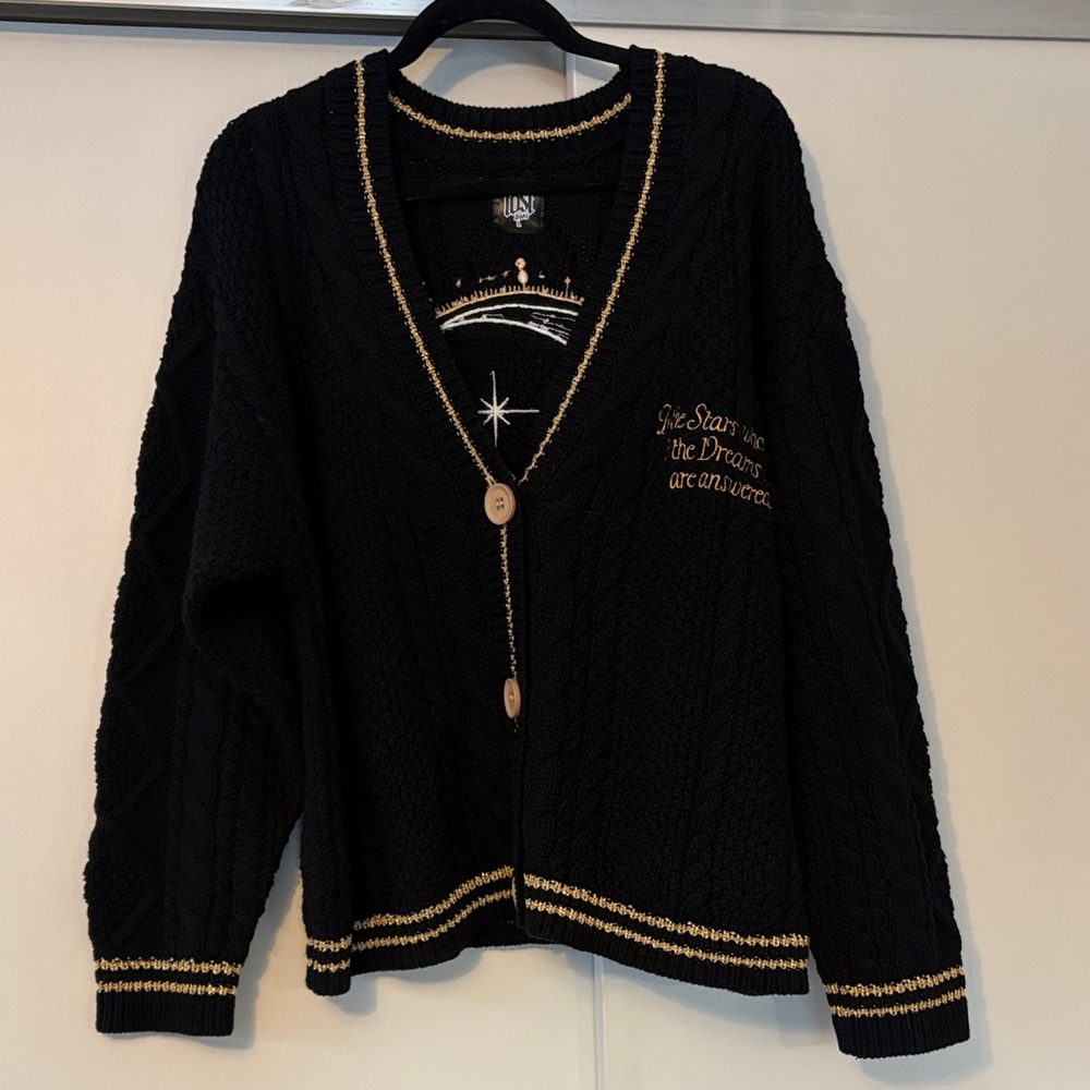 Lost Bros ACOTAR size large Black Cardigan with Gold Embroidery NWOT